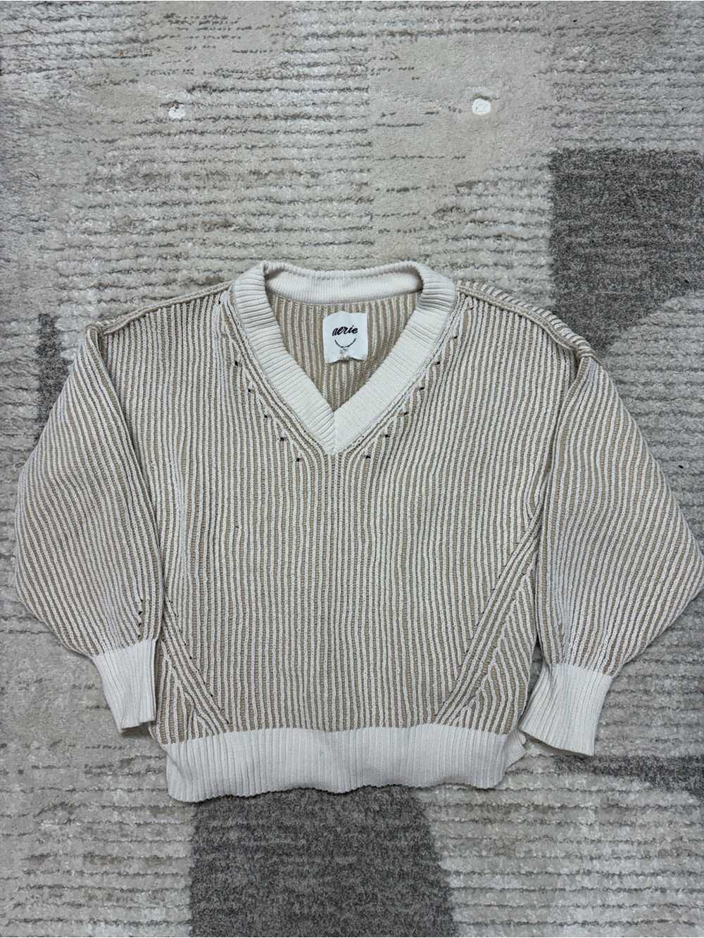 aerie women’s Cream and Tan Striped V-Neck Pullover